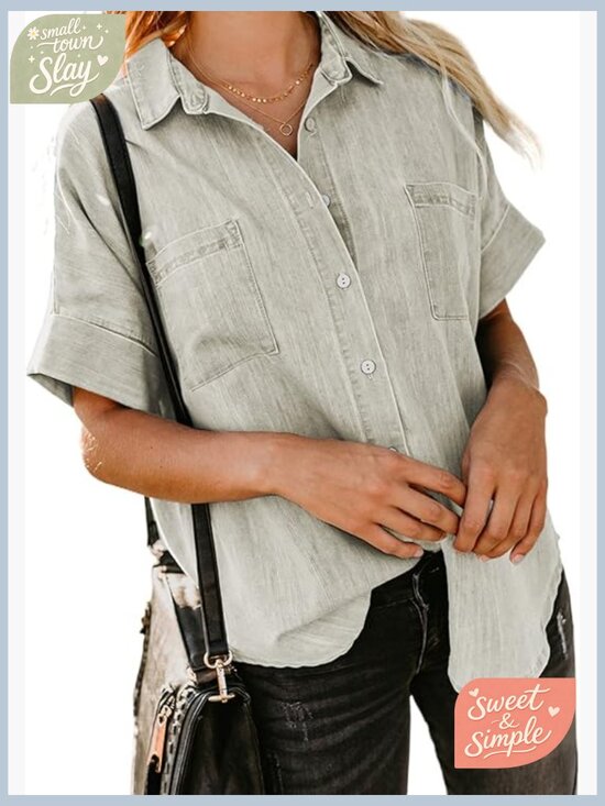 Tops - Women's V-Neck Button Down Shirt Short Sleeve Lightweight Cotton Casual